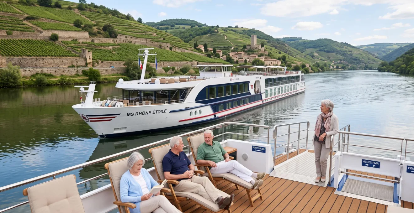 Bateau de croisière fluviale moderne sur un fleuve français avec seniors sur le pont-terrasse accessible admirant les vignobles de la vallée du Rhône