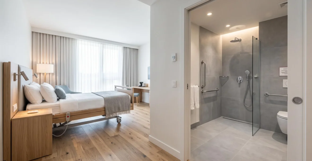 Chambre d'hôtel PMR spacieuse avec vue sur salle de bain adaptée équipée d'une douche à l'italienne et de barres d'appui chromées