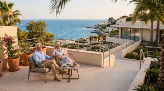 Couple de seniors se relaxant sur la terrasse accessible d'une résidence moderne en bord de mer Méditerranée avec palmiers et mobilier contemporain