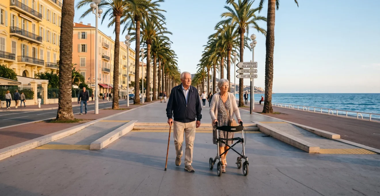 Promenade maritime accessible sur la Côte d'Azur avec seniors se promenant sur un cheminement PMR bordé de palmiers, architecture Belle Époque et mer Méditerranée en arrière-plan